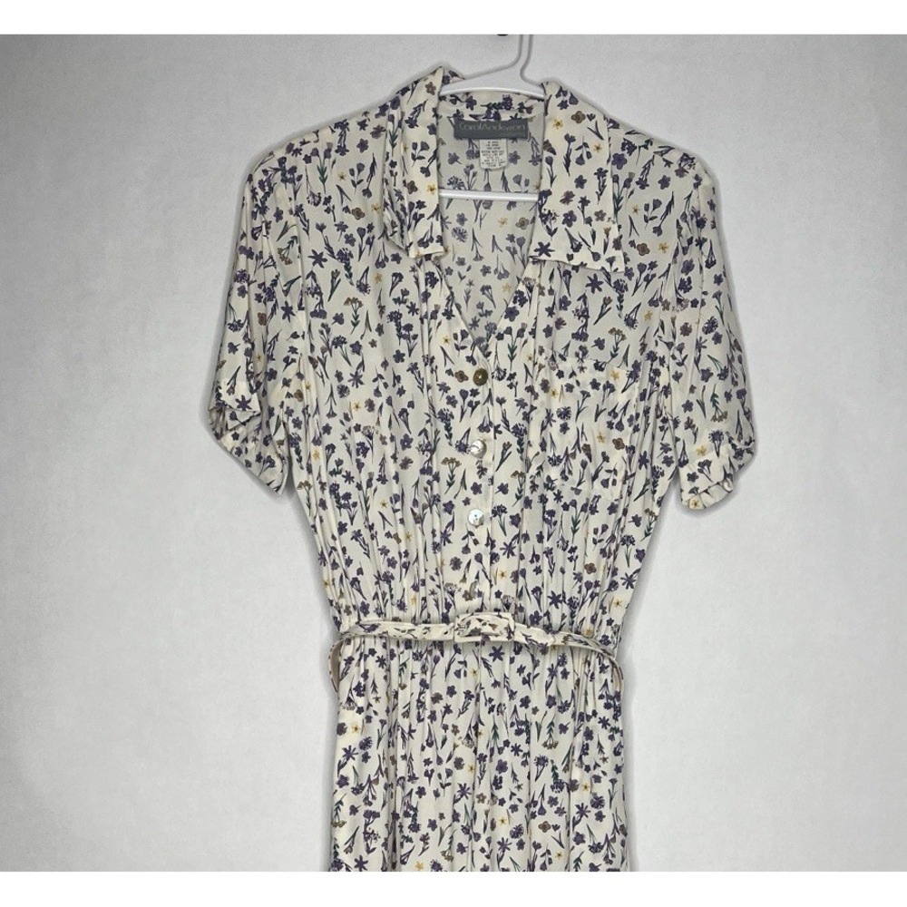Carol Anderson Cream Lavender Floral Maxi Dress Belted Button Down Collard 8